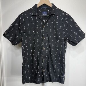 Ben Sherman Mens Shirt Size S Black Stretch Short Sleeve Martini Glass Palm Tree